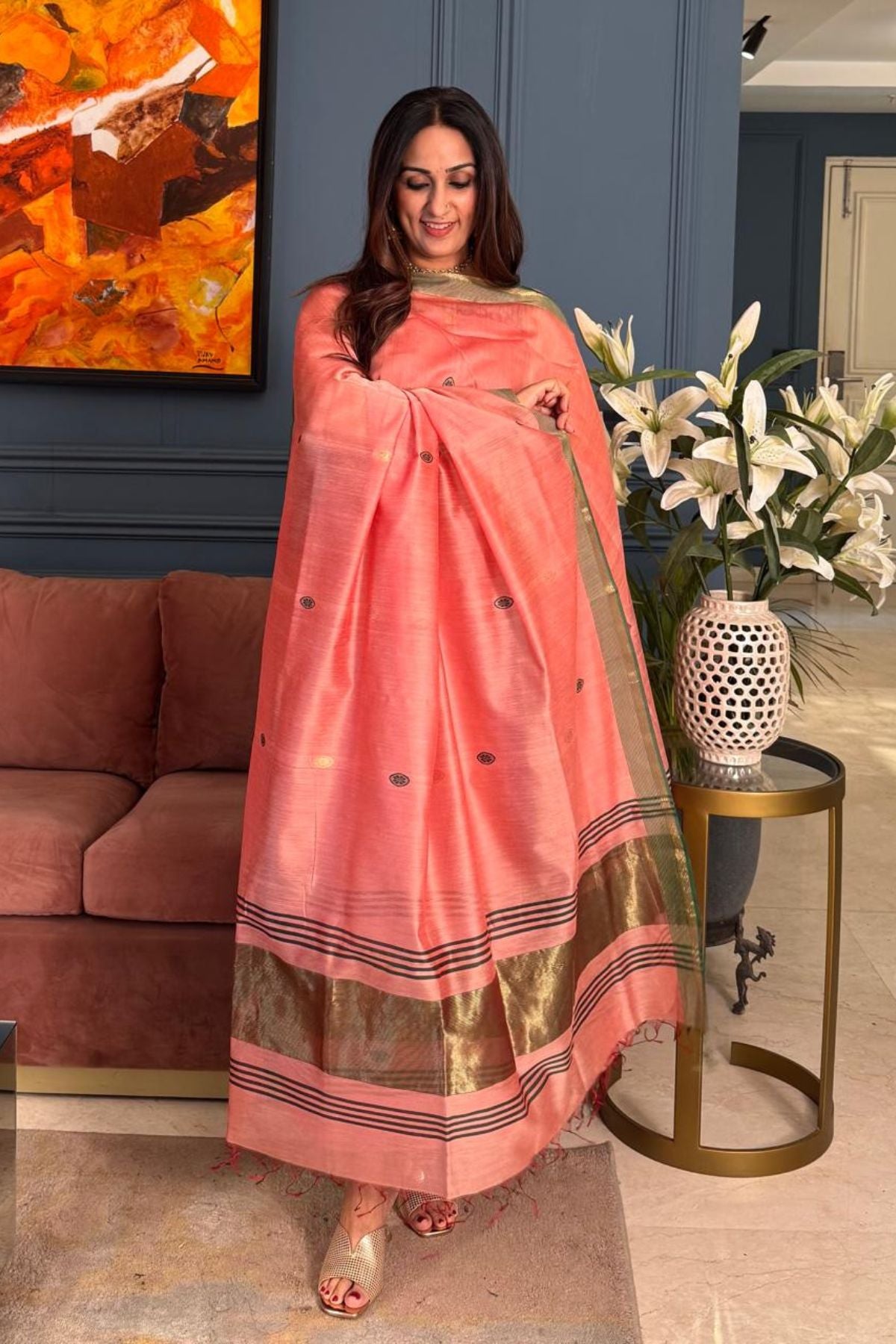 Handwoven Maheshwari silk kurta dupatta set